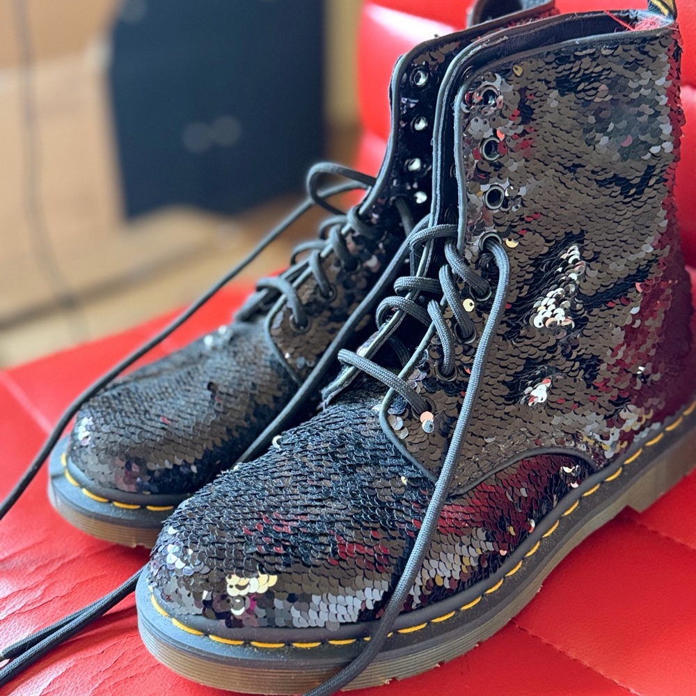 Dr. Martens 1460 Pascal Sequin Shift Boots. Worn once. RARE & DISCONTINUED.